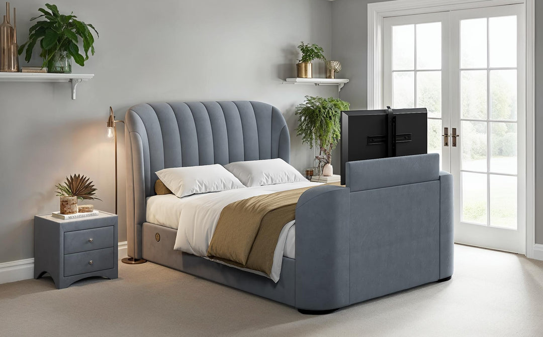 Aria Grey Velvet Ottoman TV Bed with USB Charging With £800 OFF!