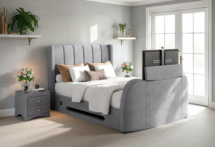 Solace Ottoman TV Bed  in Grey Velvet with USB Charging