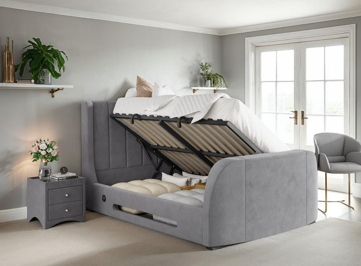 Solace Ottoman TV Bed  in Grey Velvet with USB Charging