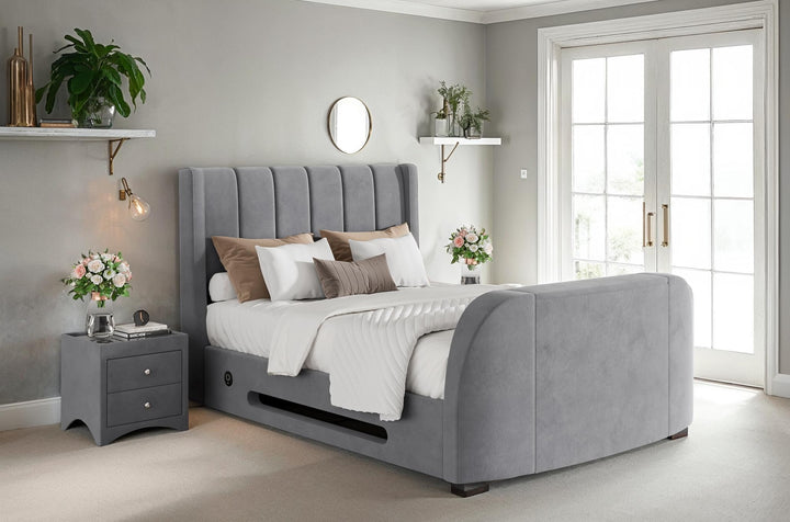 Solace Ottoman TV Bed  in Grey Velvet with USB Charging