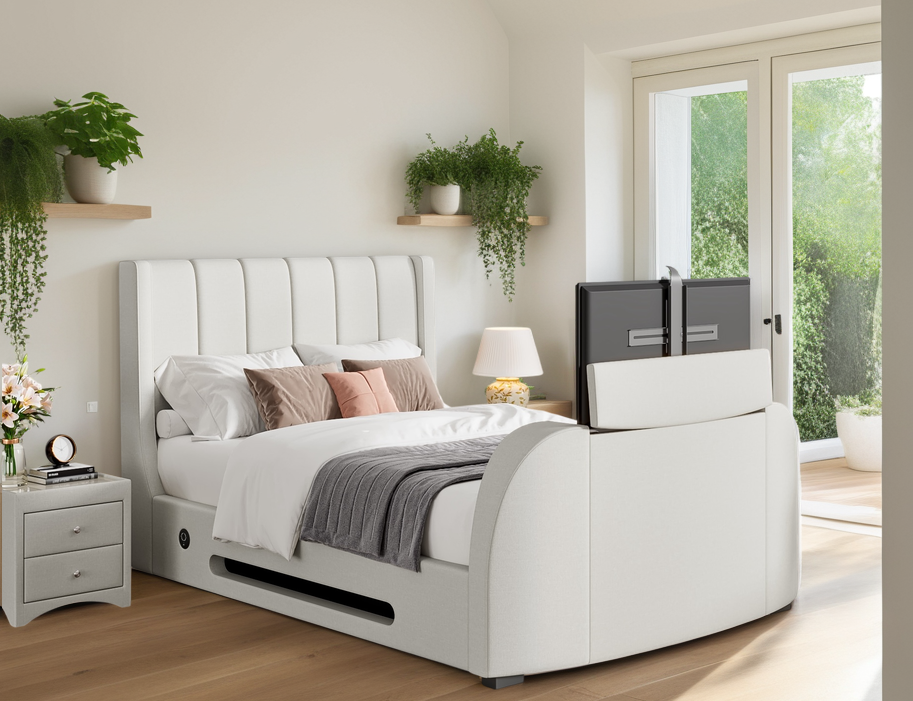 Solace Ottoman TV Bed  in Natural Cream  with USB Charging