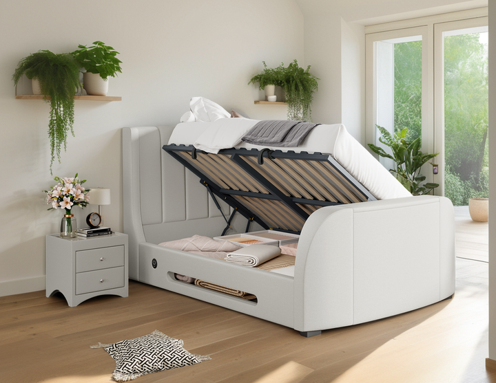 Solace Ottoman TV Bed  in Natural Cream  with USB Charging