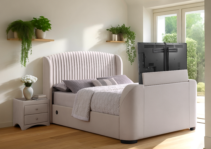 Viola Ottoman Storage TV Bed with USB Charging in Natural Cream Fabric with £500.00 OFF!