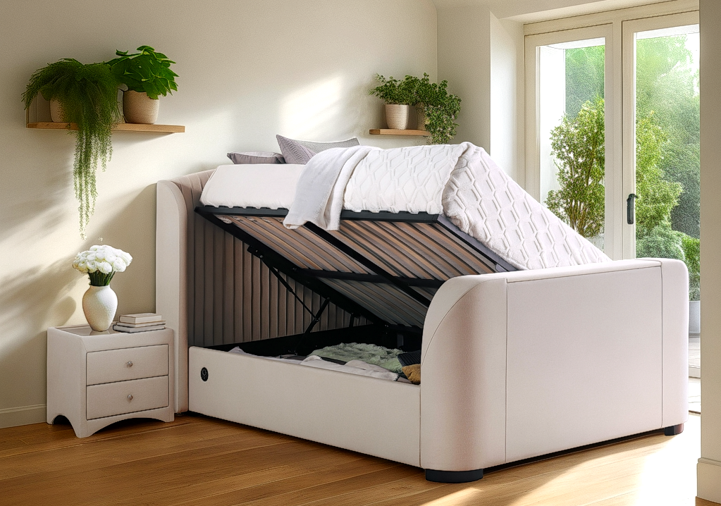 Viola Ottoman Storage TV Bed with USB Charging in Natural Cream Fabric with £500.00 OFF!