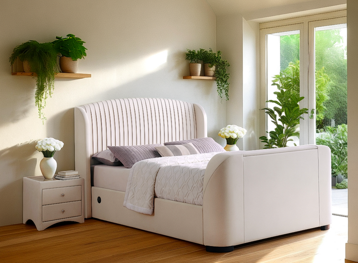 Viola Ottoman Storage TV Bed with USB Charging in Natural Cream Fabric with £500.00 OFF!