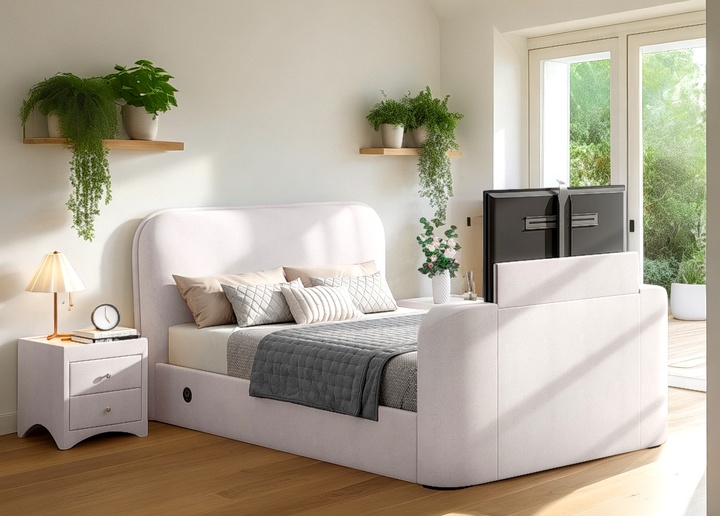 Arla Ottoman Storage TV Bed with USB Charging in Luxury Natural Cream Fabric.