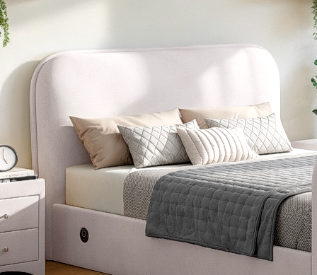 Arla Ottoman Storage TV Bed with USB Charging in Luxury Natural Cream Fabric.