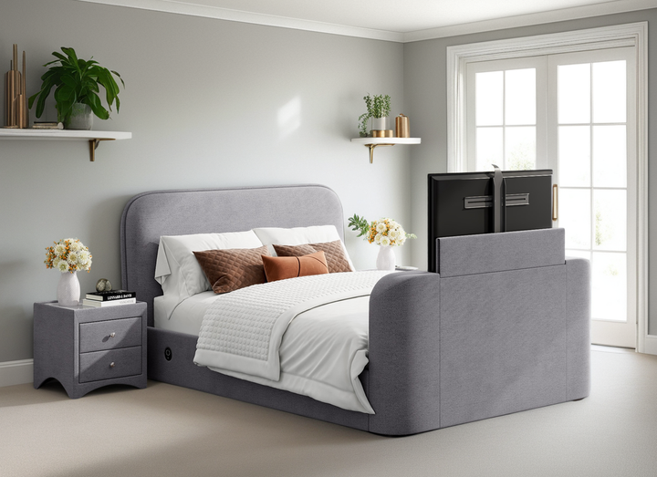 Arla Ottoman Storage TV Bed with USB Charging in Luxury Grey Fabric.