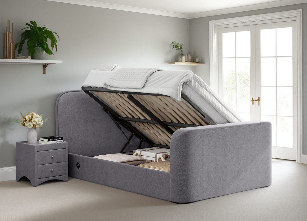 Arla Ottoman Storage TV Bed with USB Charging in Luxury Grey Fabric.