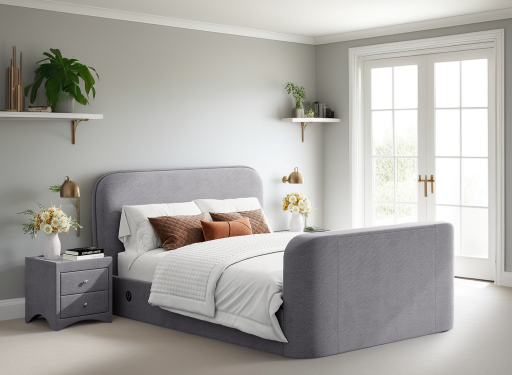 Arla Ottoman Storage TV Bed with USB Charging in Luxury Grey Fabric.