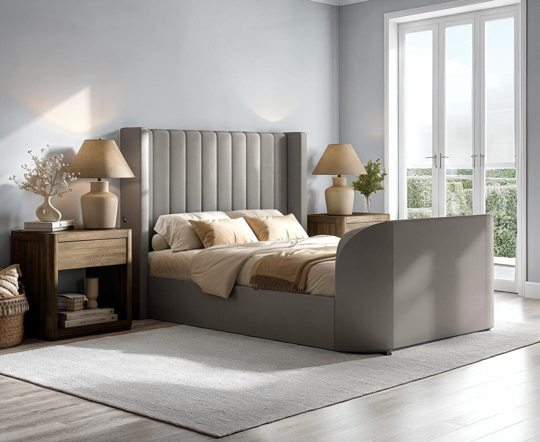 Astra Ottoman TV Bed in Grey Velvet with Dual USB Charging