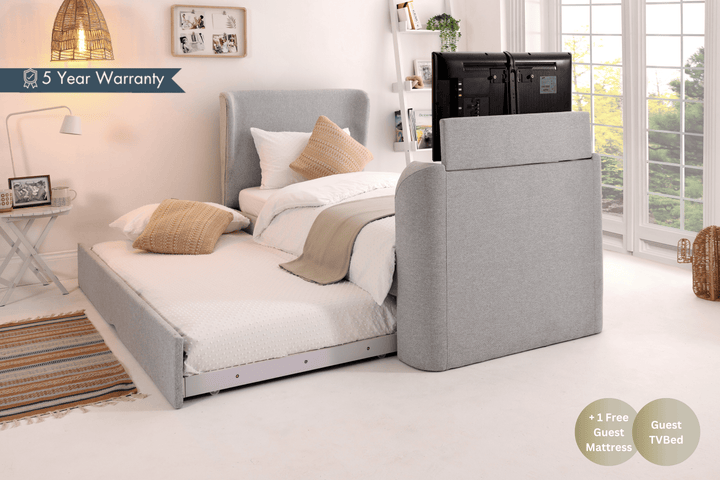 Buddy Trundle TV Bed In Pebble Grey with Free Guest Mattress