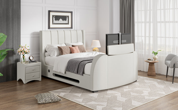 Solace Ottoman TV Bed  in Natural Cream  with USB Charging