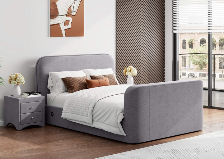 Arla Ottoman Storage TV Bed with USB Charging in Luxury Grey Fabric.