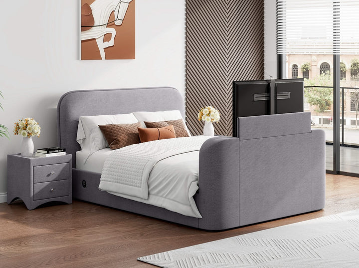 Arla Ottoman Storage TV Bed with USB Charging in Luxury Grey Fabric.