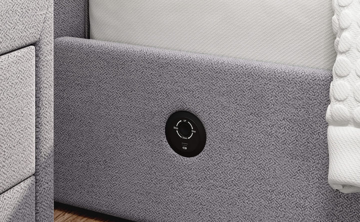 Arla Ottoman Storage TV Bed with USB Charging in Luxury Grey Fabric.