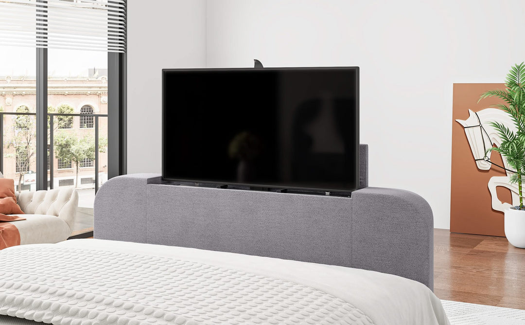 Arla Ottoman Storage TV Bed with USB Charging in Luxury Grey Fabric.