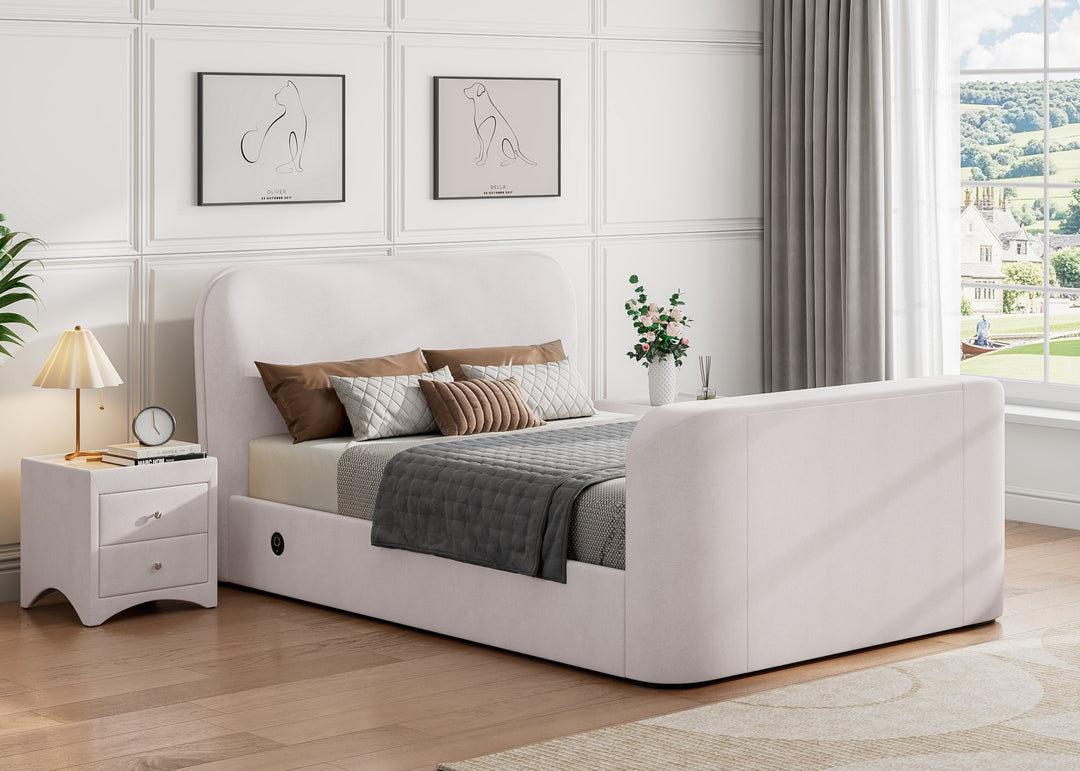 Arla Ottoman Storage TV Bed with USB Charging in Luxury Natural Cream Fabric.