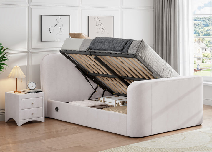 Arla Ottoman Storage TV Bed with USB Charging in Luxury Natural Cream Fabric.