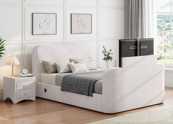 Arla Ottoman Storage TV Bed with USB Charging in Luxury Natural Cream Fabric.