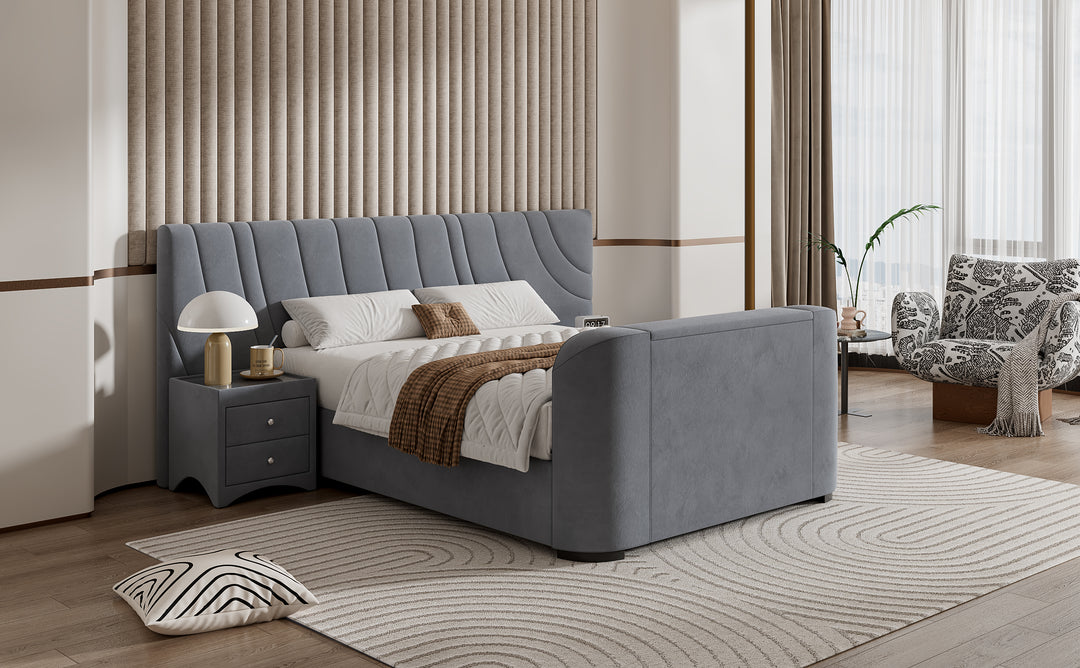 Valencia Grey Velvet Ottoman TV Bed with 2 Side Units