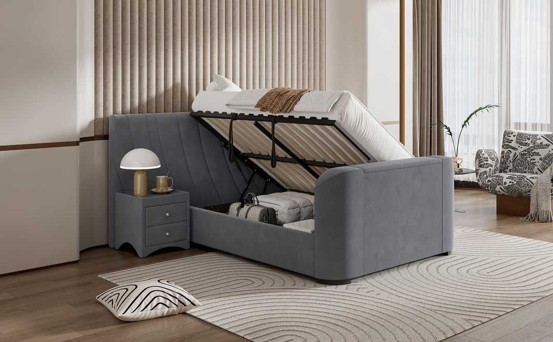 Valencia Grey Velvet Ottoman TV Bed with 2 Side Units