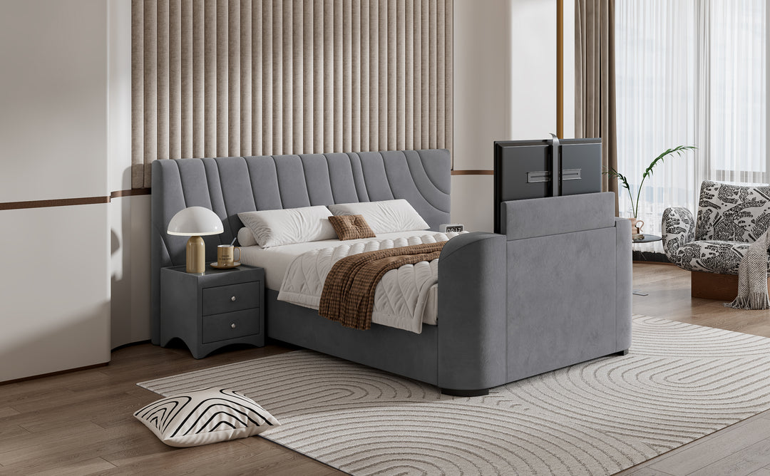 Valencia Grey Velvet Ottoman TV Bed with 2 Side Units