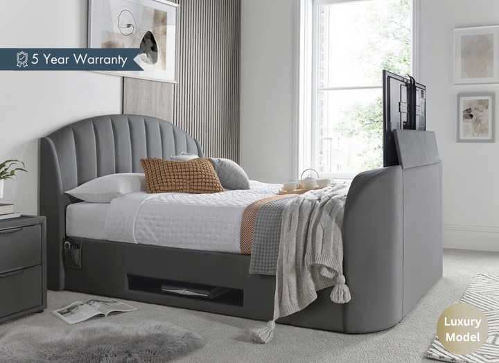 Pearl Super King Ottoman TV Bed in Grey Velvet - £150.00 OFF!