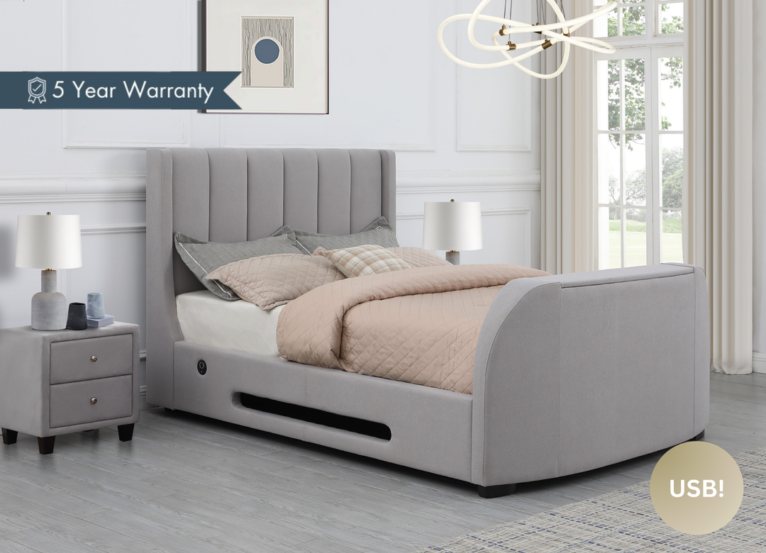 Solace Ottoman TV Bed  in Boucle Mellow Grey with USB Charging