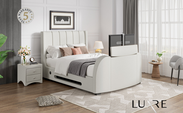 Solace Ottoman TV Bed  in Natural Cream  with USB Charging