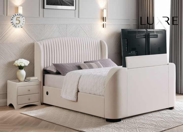 Viola Ottoman Storage TV Bed with USB Charging in Natural Cream Fabric with £500.00 OFF!