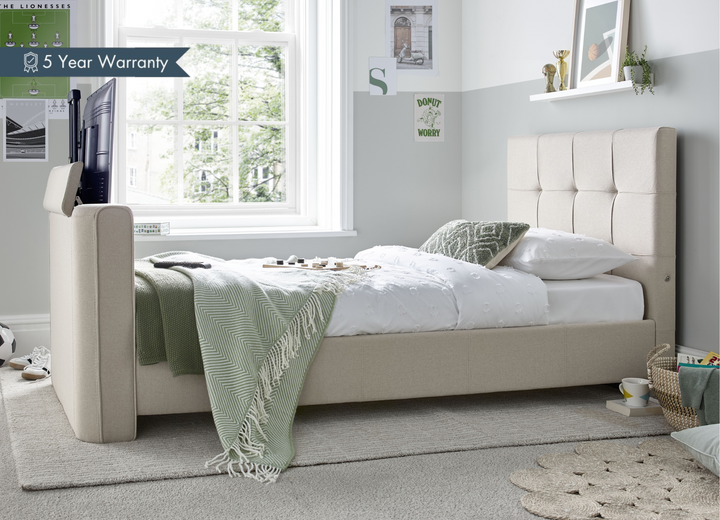 Alpha Single TV Bed In Light Stone - 32" TV Capacity with USB Charging with £100.00 OFF!