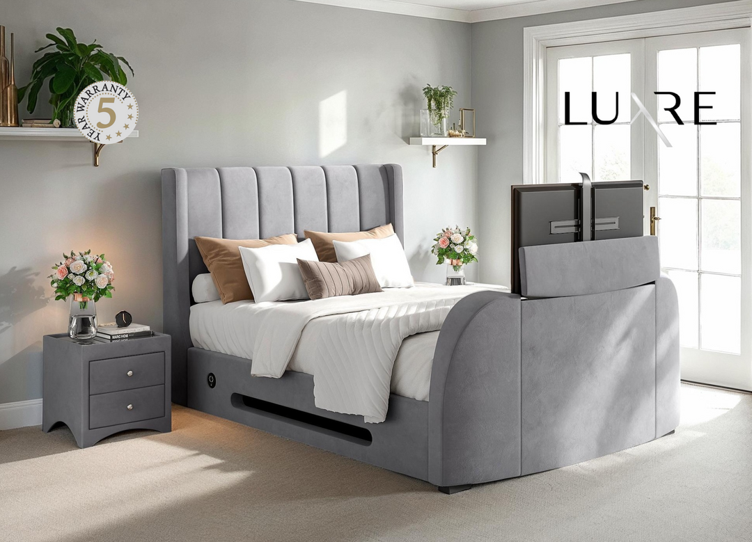 Solace Ottoman TV Bed  in Grey Velvet with USB Charging