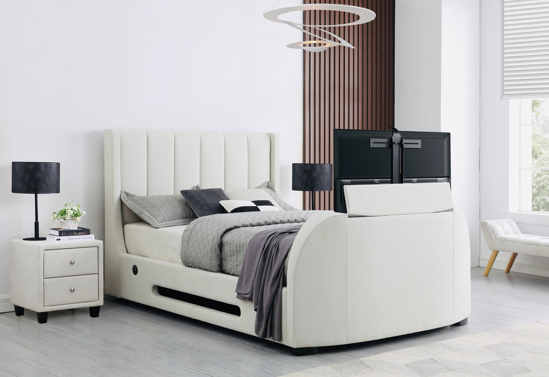 Solace Ottoman TV Bed  in Cream Velvet with USB Charging