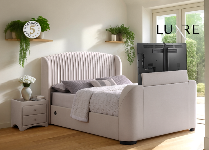 Viola Ottoman Storage TV Bed with USB Charging in Natural Cream Fabric with £500.00 OFF!