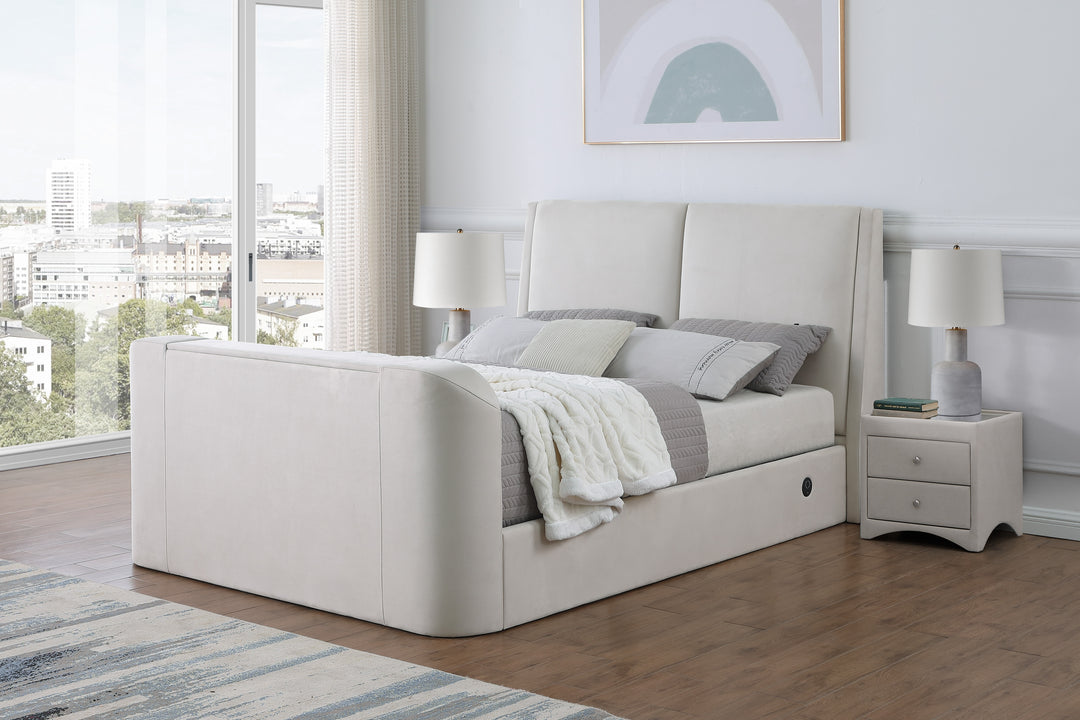 Vega Ottoman TV Bed  in Luxury Cream Faux Suede with USB