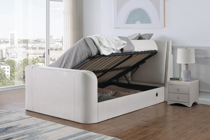 Vega Ottoman TV Bed  in Luxury Cream Faux Suede with USB