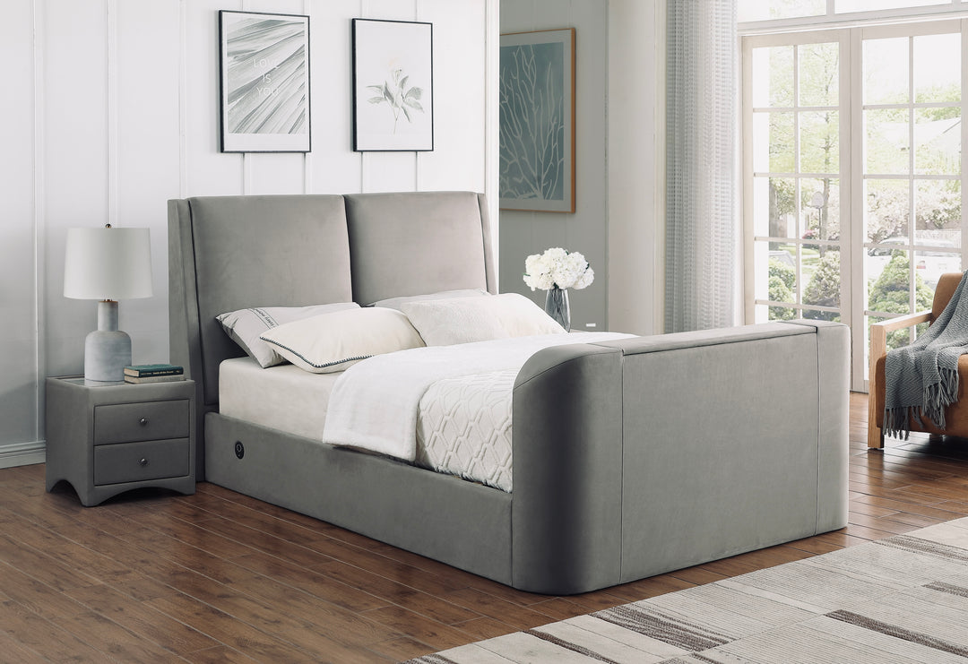 Vega Ottoman TV Bed  in Luxury Grey Faux Suede with USB