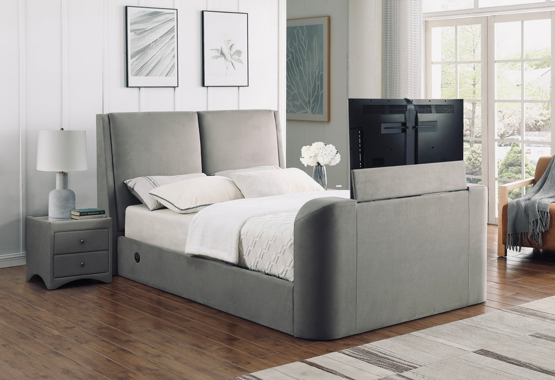 Vega Ottoman TV Bed  in Luxury Grey Faux Suede with USB