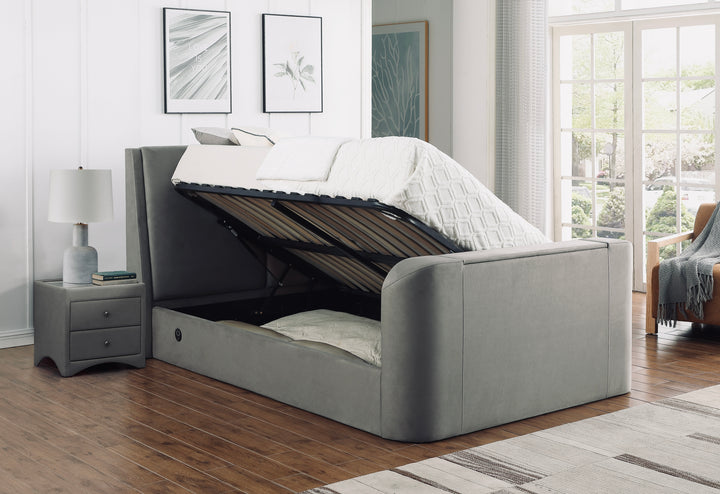 Vega Ottoman TV Bed  in Luxury Grey Faux Suede with USB