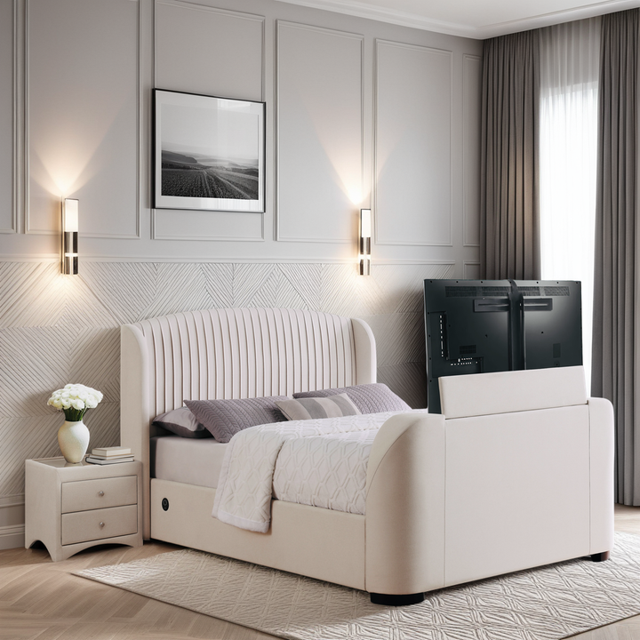 Viola Ottoman Storage TV Bed with USB Charging in Natural Cream Fabric with £500.00 OFF!