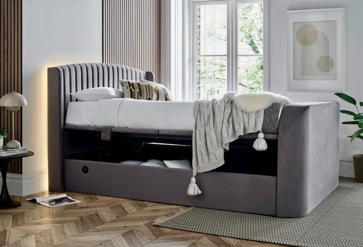 EX DISPLAY Essence Ottoman Storage TV Bed with USB Charging in Grey Velvet