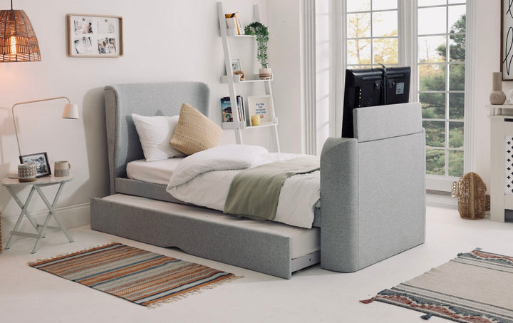 Buddy Trundle TV Bed In Pebble Grey with Free Guest Mattress