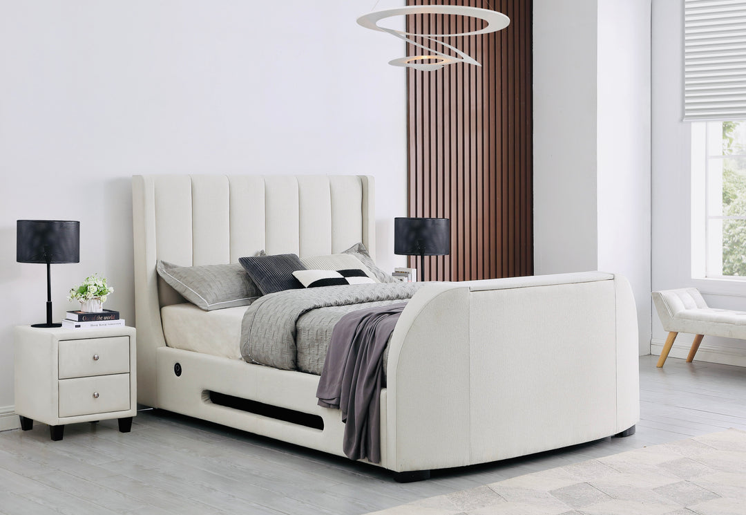 Solace Ottoman TV Bed  in Cream Velvet with USB Charging