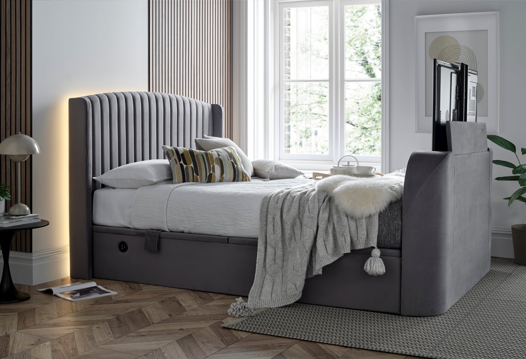 EX DISPLAY Essence Ottoman Storage TV Bed with USB Charging in Grey Velvet