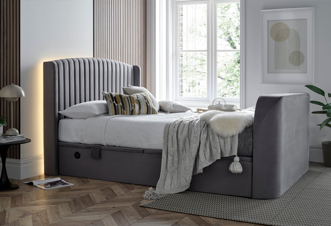 EX DISPLAY Essence Ottoman Storage TV Bed with USB Charging in Grey Velvet