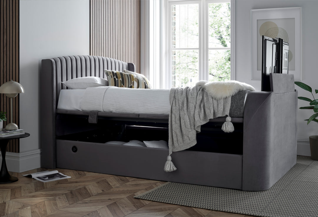 EX DISPLAY Essence Ottoman Storage TV Bed with USB Charging in Grey Velvet