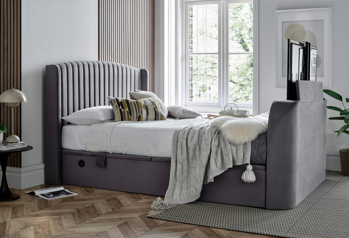 EX DISPLAY Essence Ottoman Storage TV Bed with USB Charging in Grey Velvet