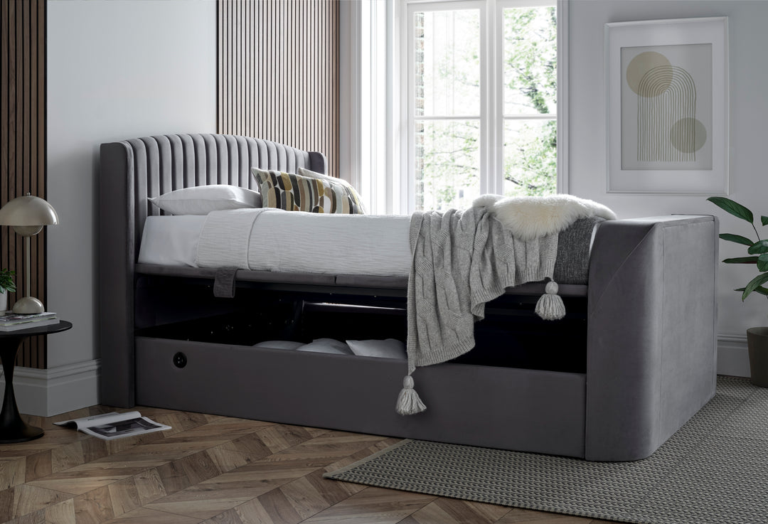 EX DISPLAY Essence Ottoman Storage TV Bed with USB Charging in Grey Velvet