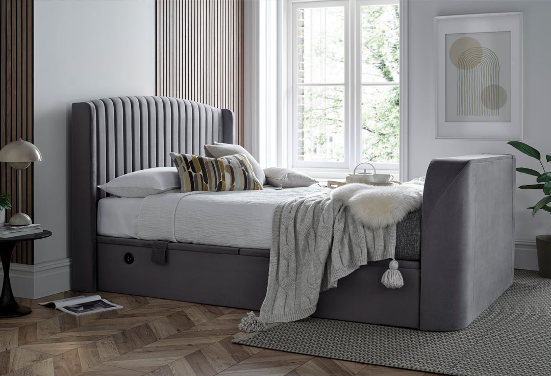 EX DISPLAY Essence Ottoman Storage TV Bed with USB Charging in Grey Velvet